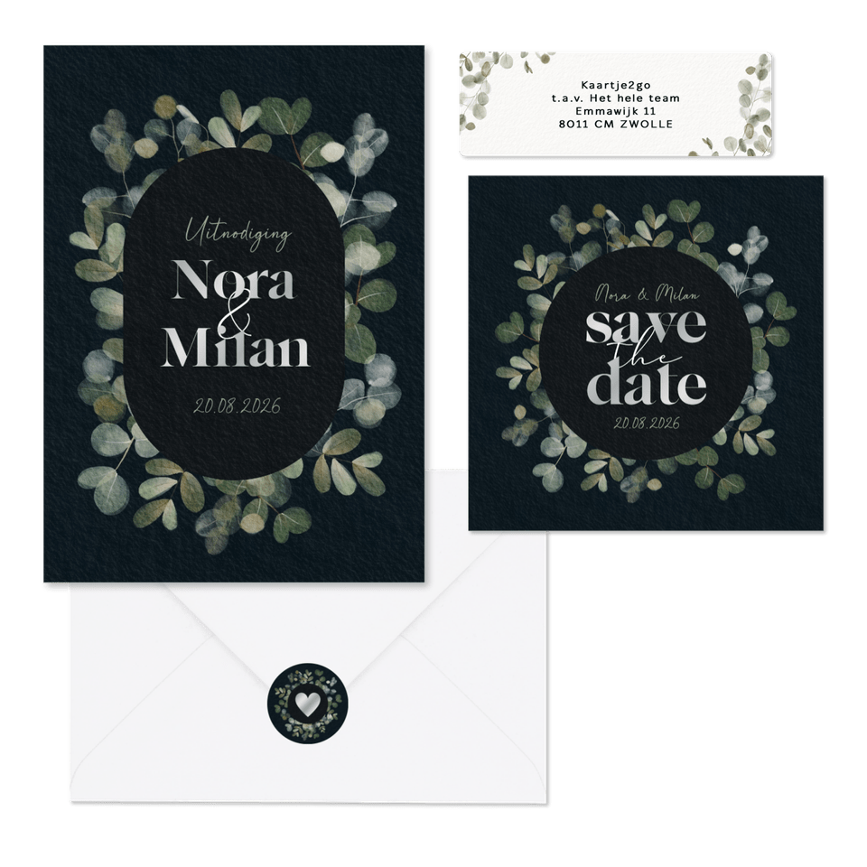 Trouwset waterverf eucalyptus donkerblauw