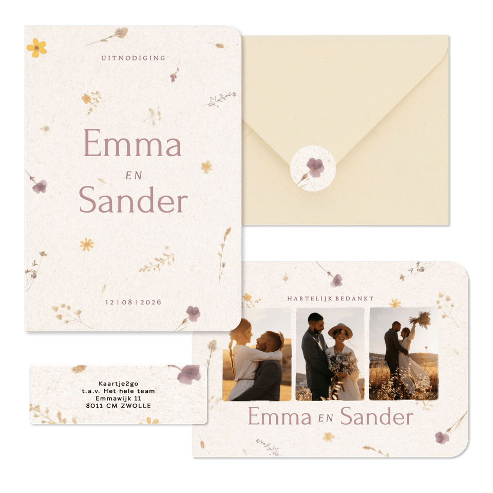 Natuurlijke trouwset met geperste bloemen en papier textuur