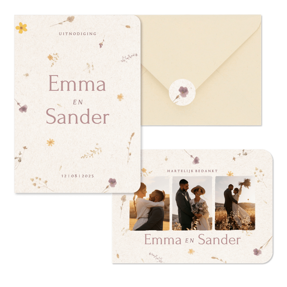 Natuurlijke trouwset met geperste bloemen en papier textuur