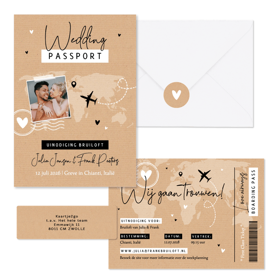 Trouwset kraft ticket paspoort wereld reizen
