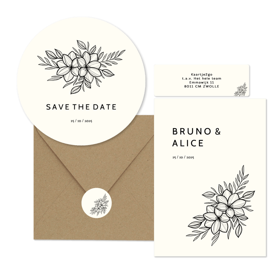 Trouwset zwarte lijntekening van bloemen