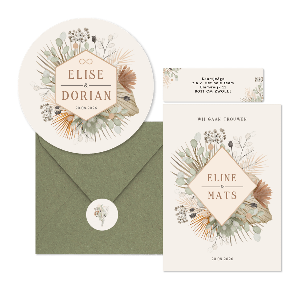 Trouwset bohemian met droogbloemen