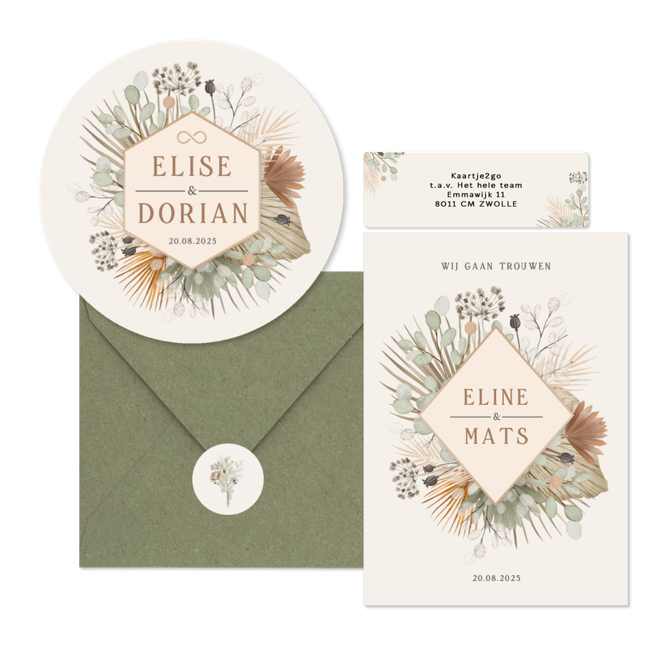 Trouwset bohemian met droogbloemen