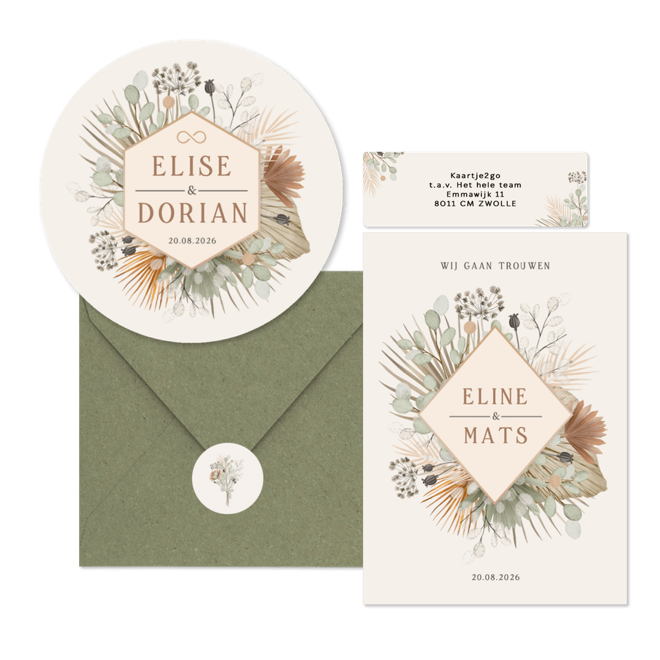Trouwset bohemian met droogbloemen