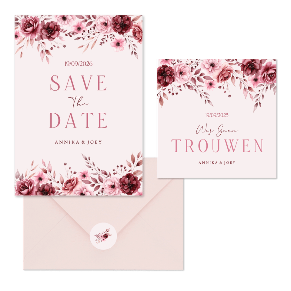 Klassieke trouwkaartenset in roze met aquarel rozen