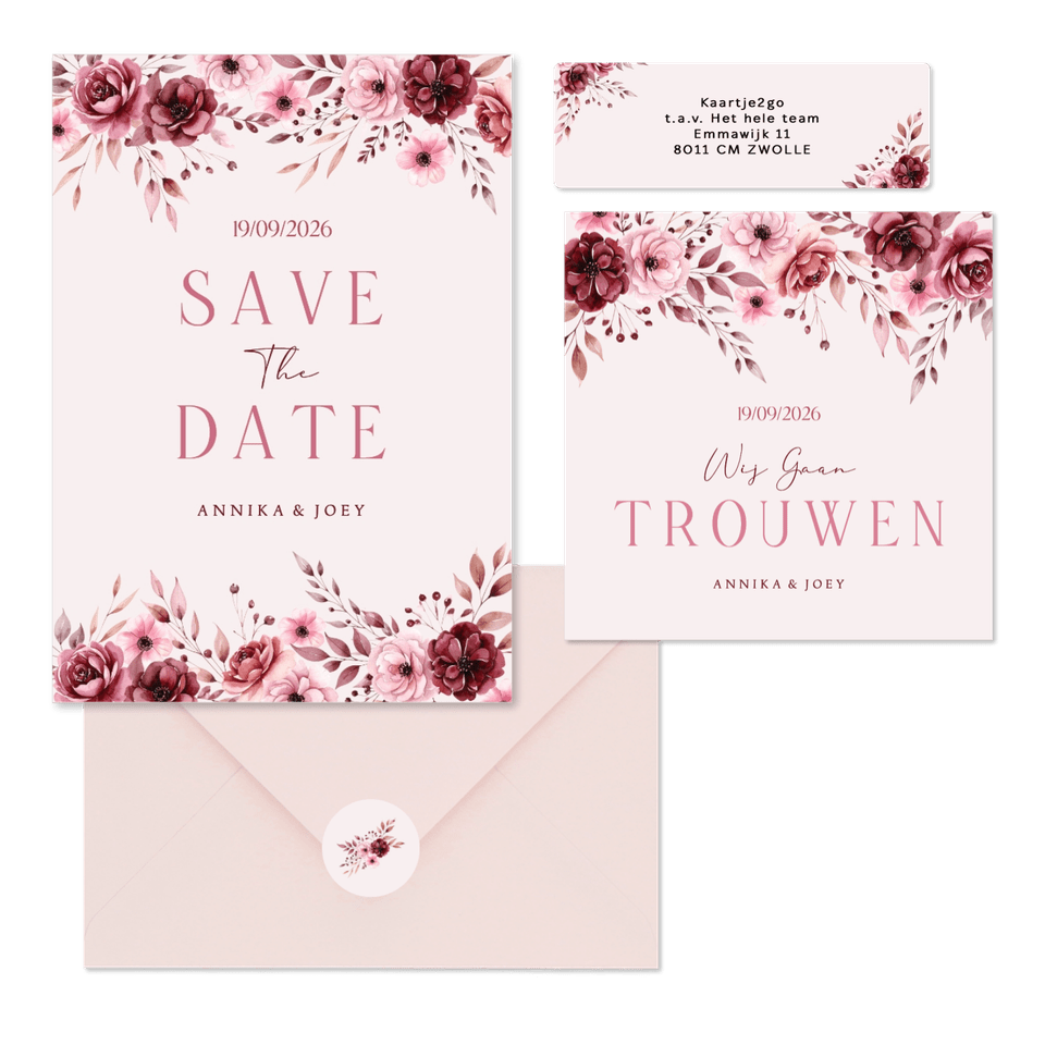 Klassieke trouwkaartenset in roze met aquarel rozen
