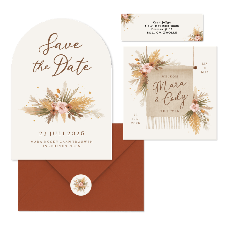 Trouwkaarten romantisch bohemian droogbloemen en gras