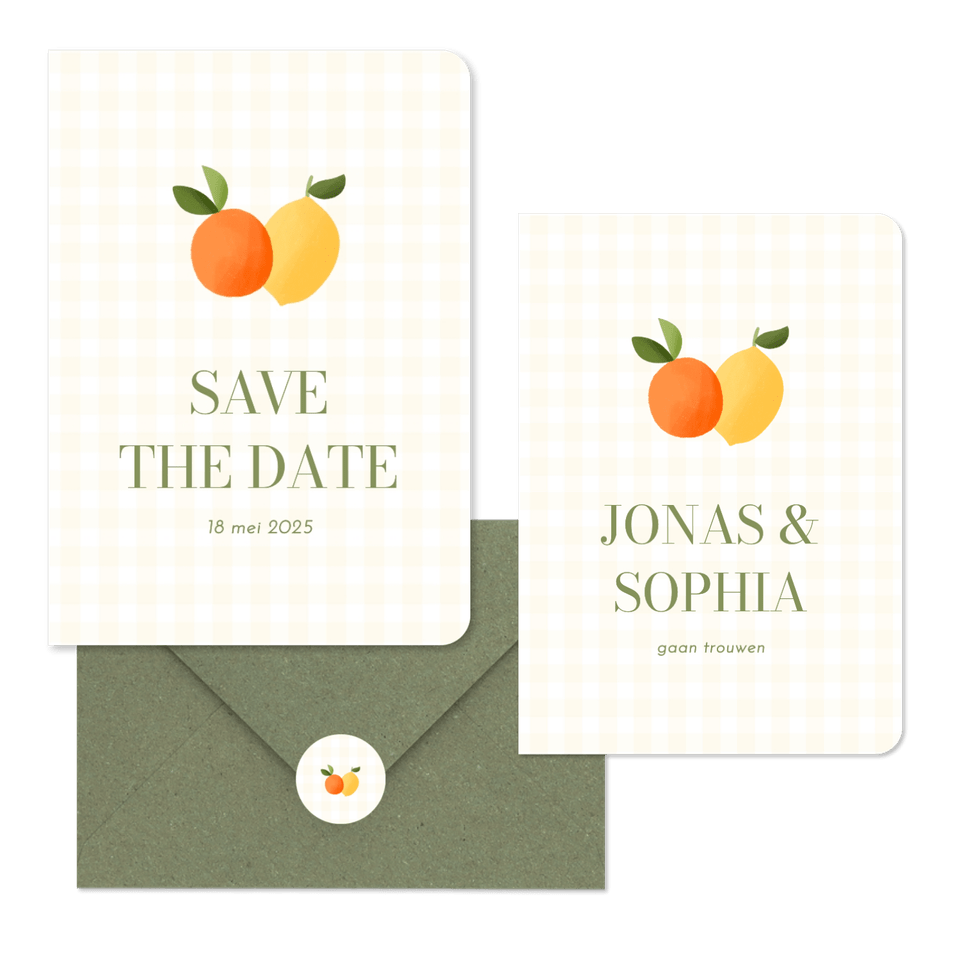 Trouwen geel ruitjespatroon met citroen en mandarijn