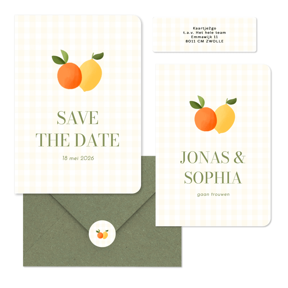 Trouwen geel ruitjespatroon met citroen en mandarijn