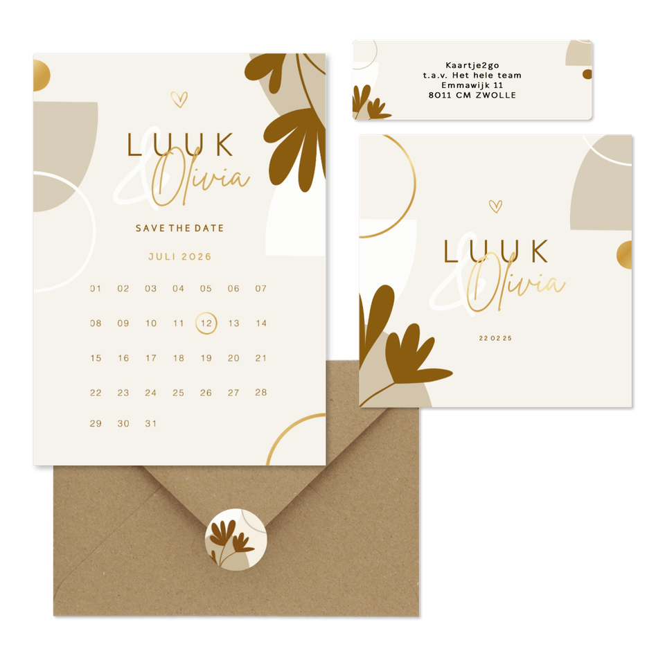 Trouwkaartenset naturel met abstracte vormen