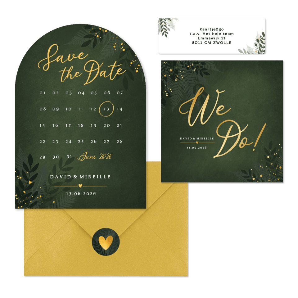 Stijlvolle donkergroene trouwset jungle met goud