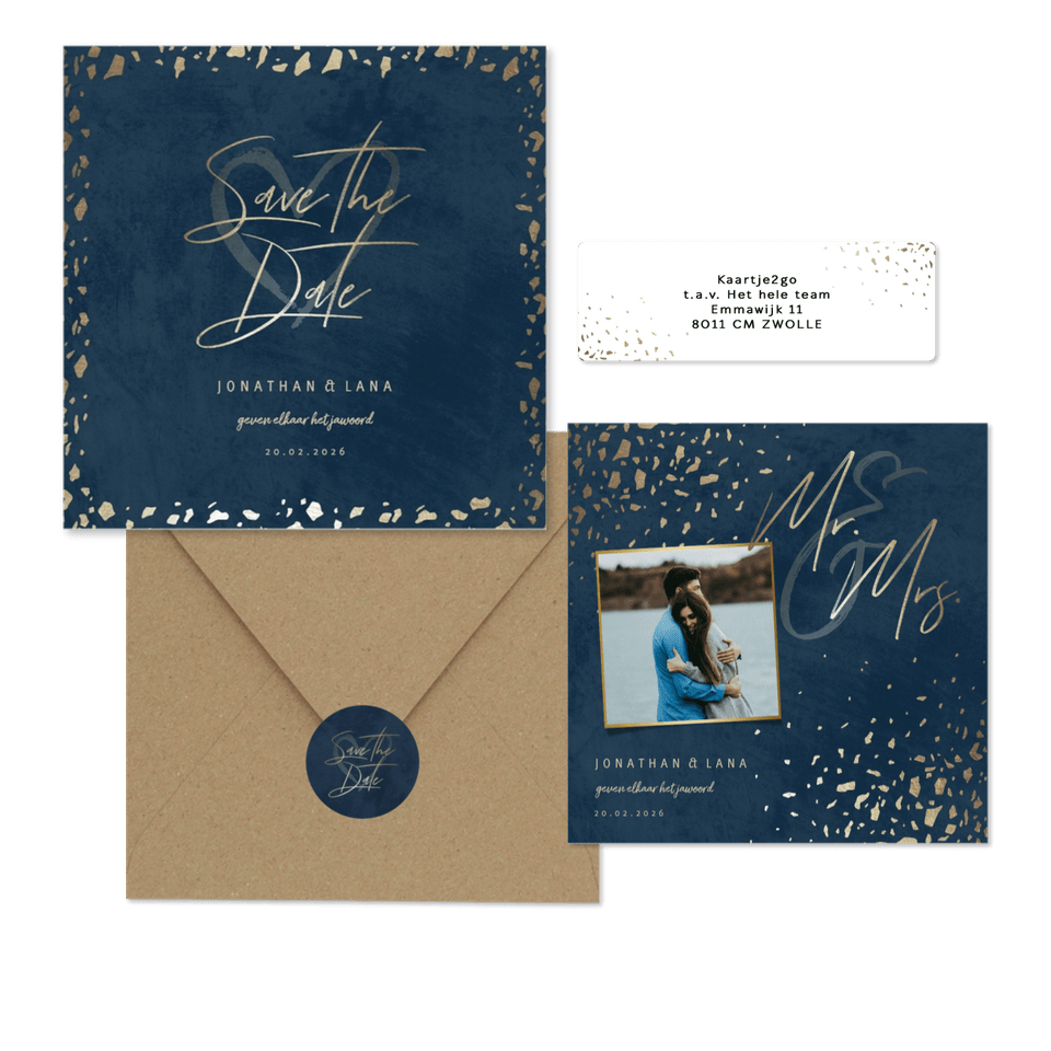 Donkerblauwe trouwset met gouden terrazzo 