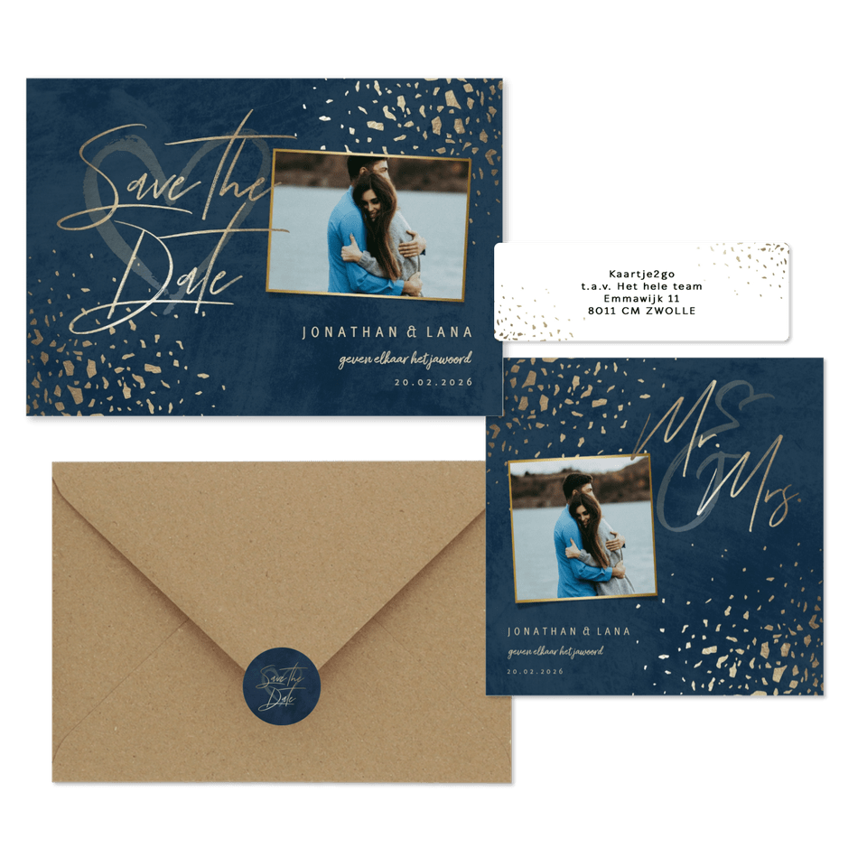 Donkerblauwe trouwset met gouden terrazzo 