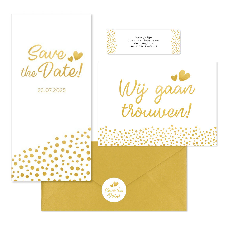 Witte trouwkaarten set met gouden stipjes 