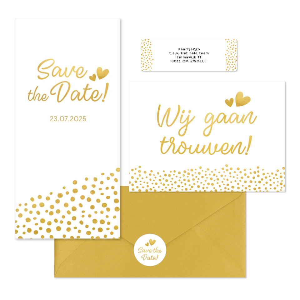 Witte trouwkaarten set met gouden stipjes 