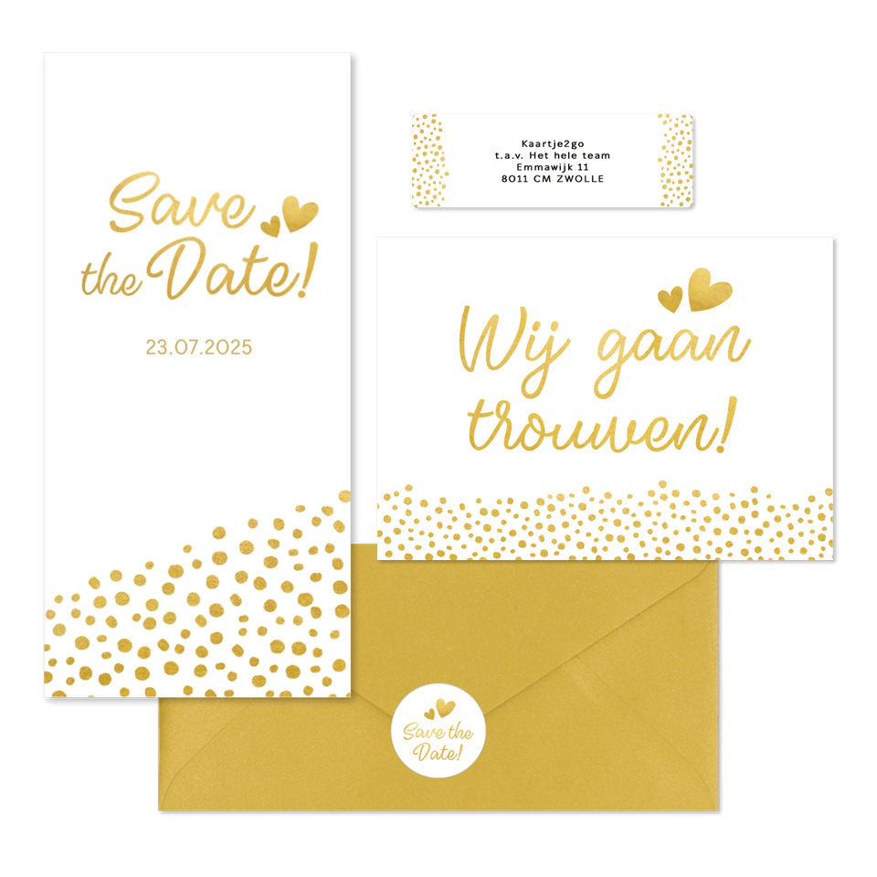 Witte trouwkaarten set met gouden stipjes