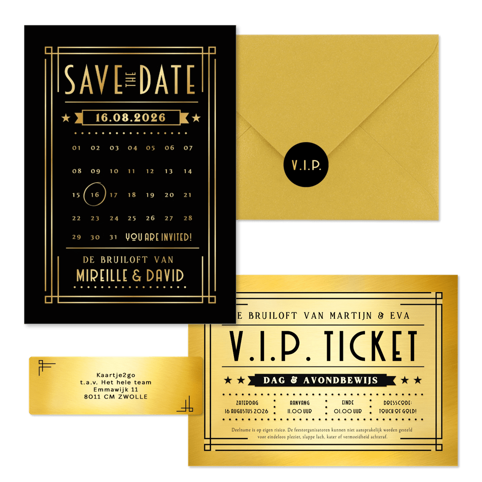 Trouwkaartenset VIP ticket goud