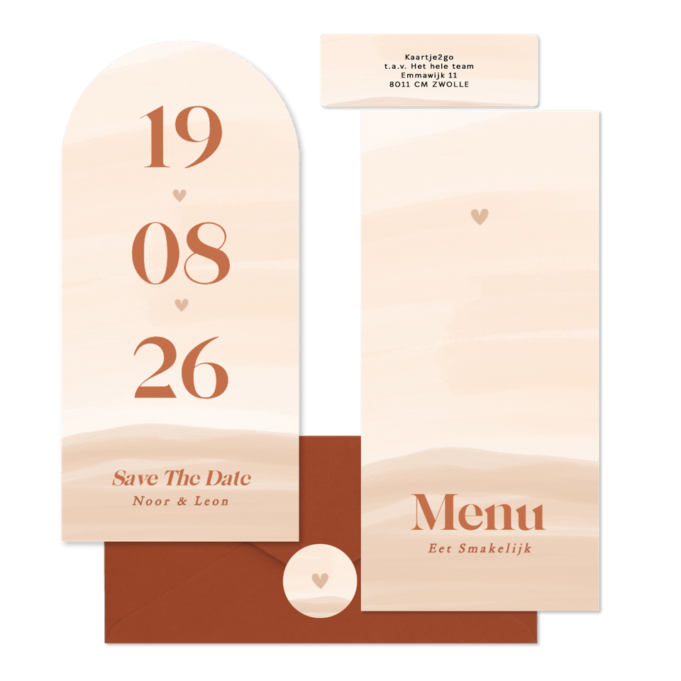 Waterverf trouwkaartenset in beige oranje tinten