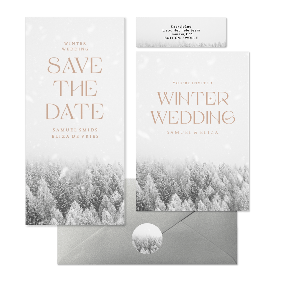 Winter wedding trouwset met besneeuwd bos