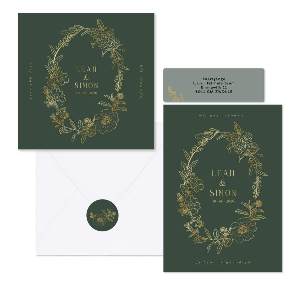 Trouwset met bloemenkrans in groen en goud