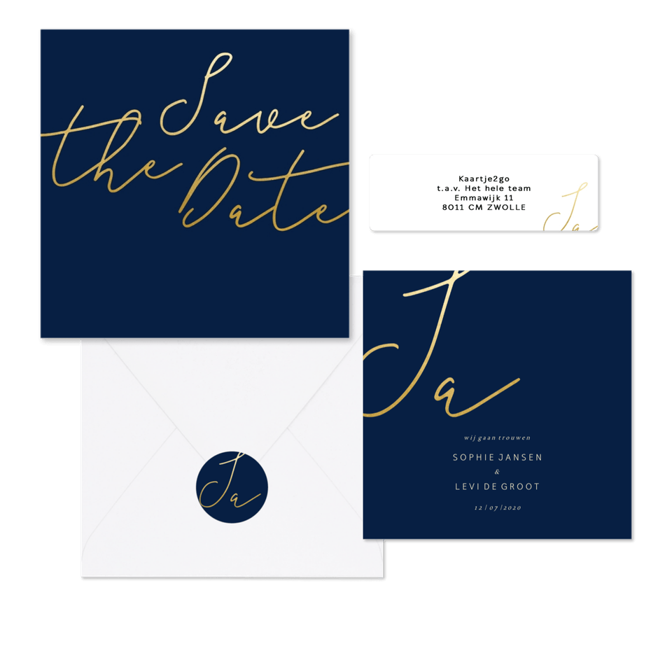 Donkerblauwe trouwset met gouden sierlijke typografie