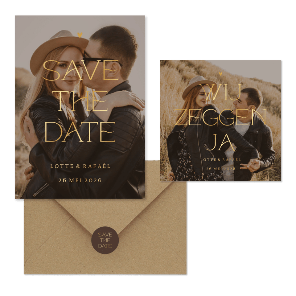 Trouwset simpel met foto en goudfolie