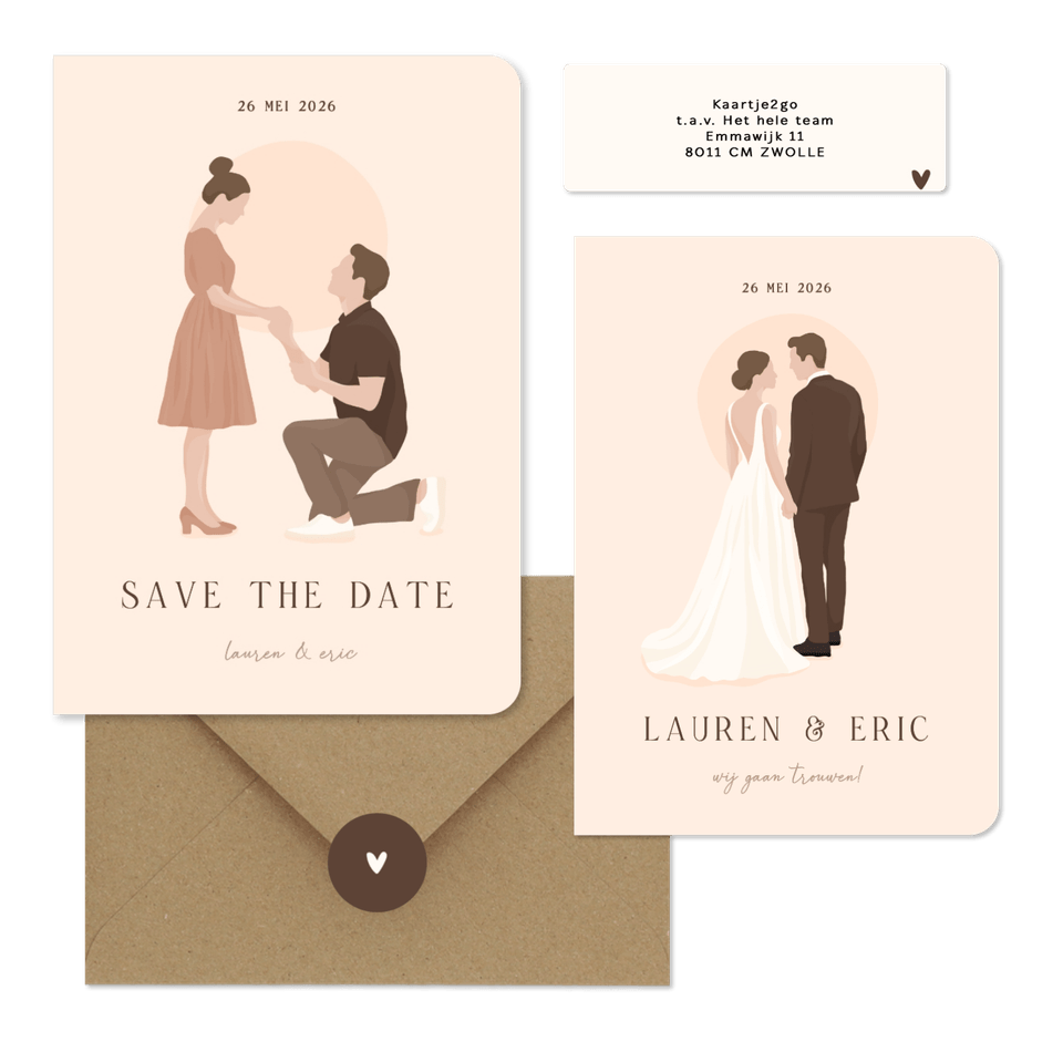 Trouwset met illustratie portretten van bruidspaar