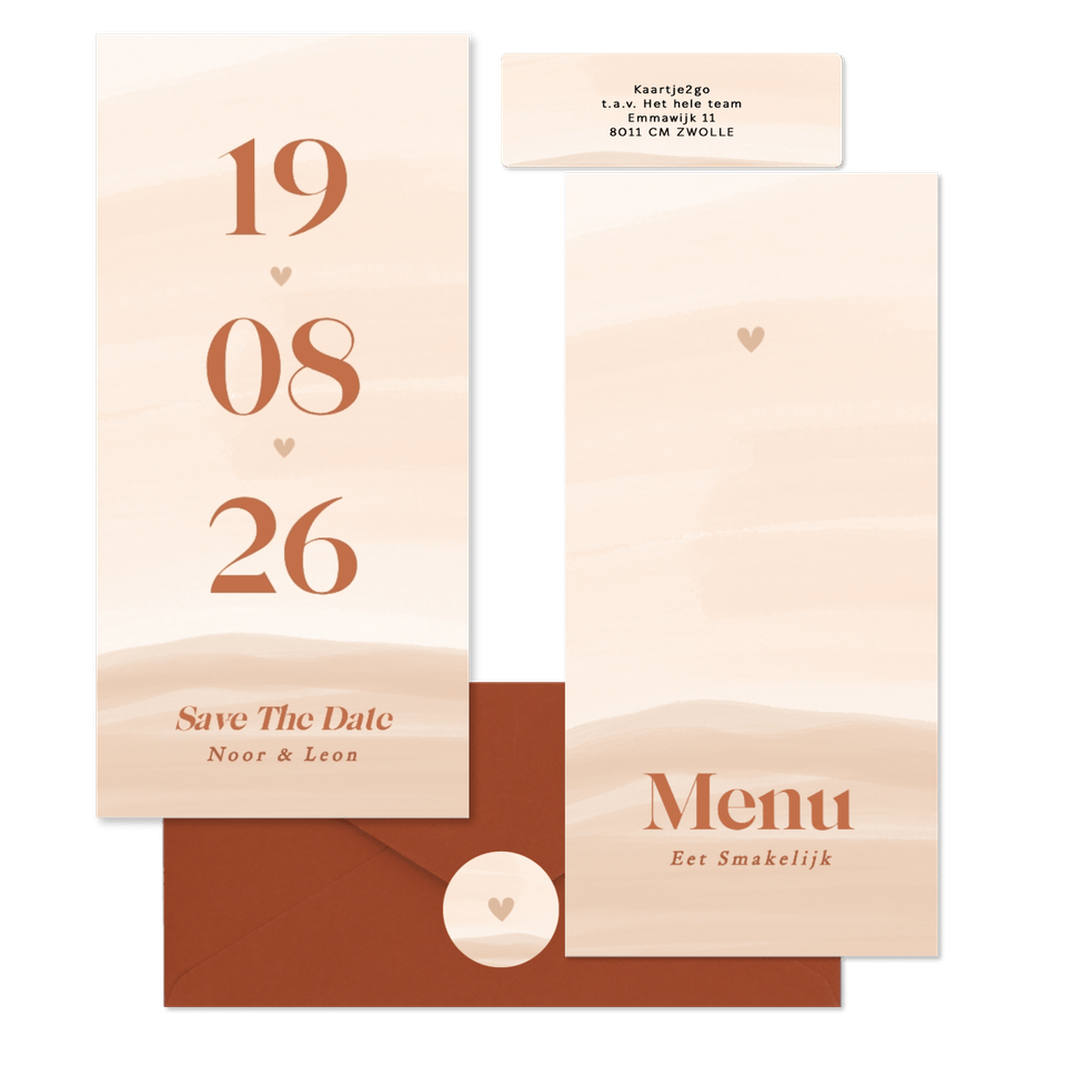 Waterverf trouwkaartenset in beige oranje tinten