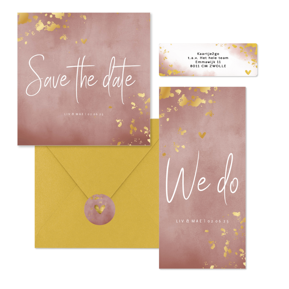 Trouwset oud roze waterverf en spetters goud