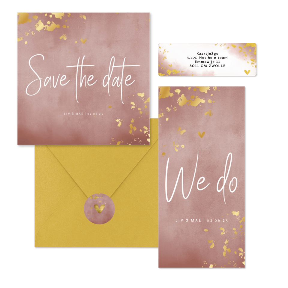 Trouwset oud roze waterverf en spetters goud