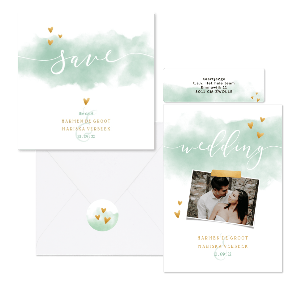 Waterverf trouwkaartenset in pastel groen met hartjes