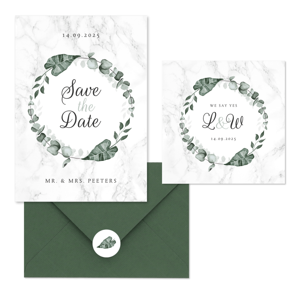 Trouwkaarten marmer en eucalyptus bladeren