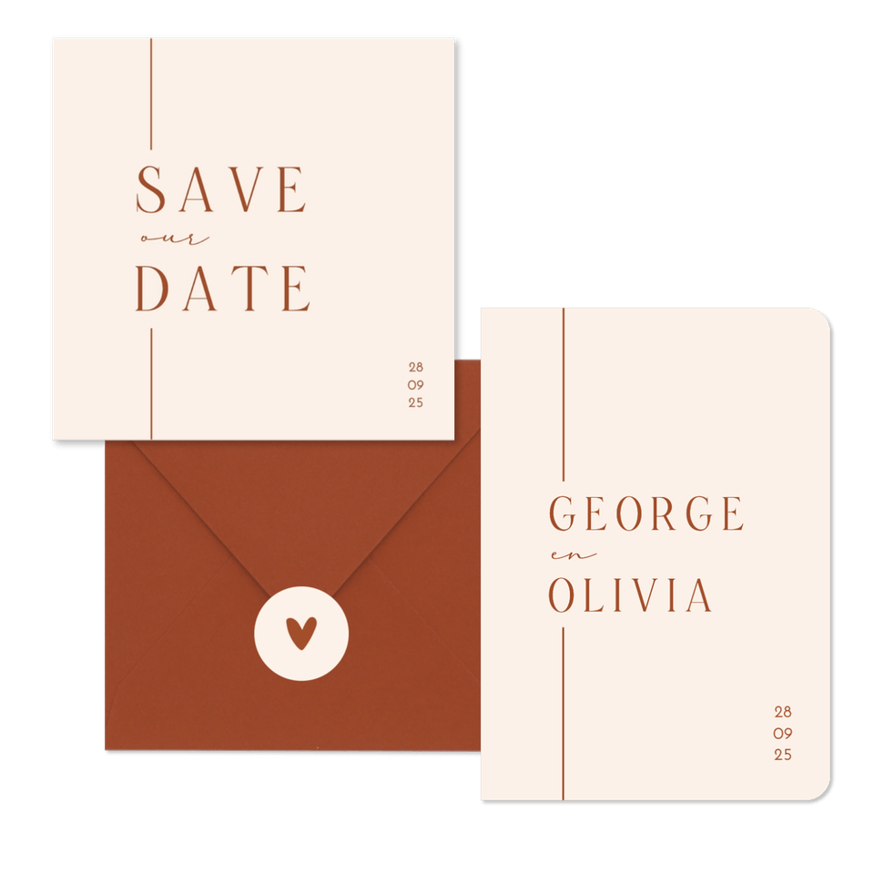 Trouwset minimalistische beige met terracotta lijn