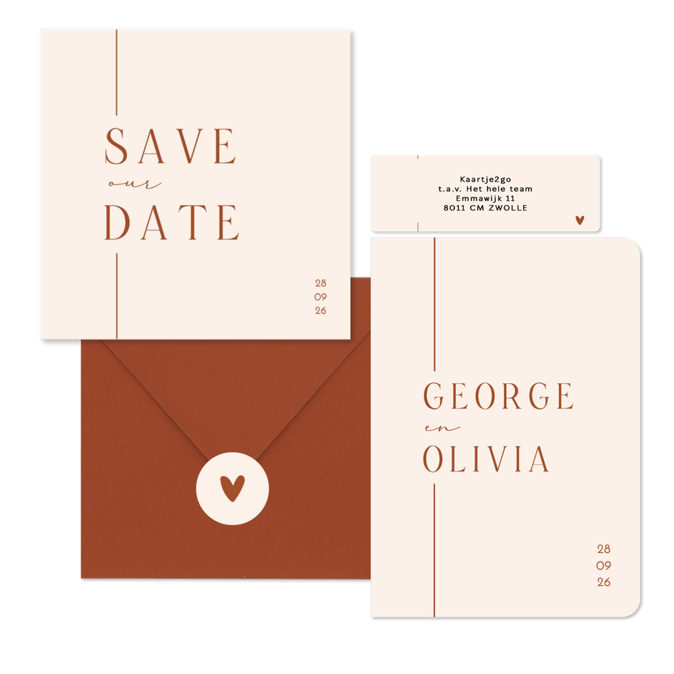 Trouwset minimalistische beige met terracotta lijn