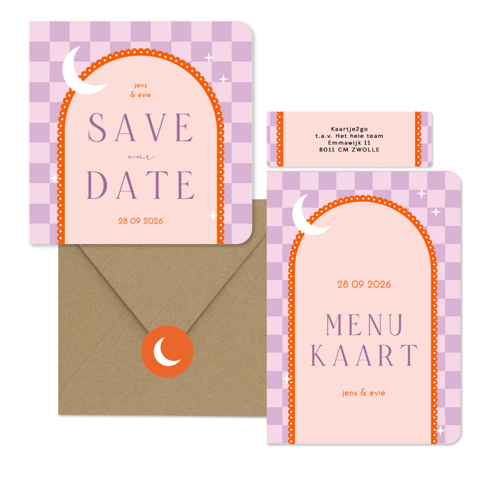 Moderne trouwset met lila ruitjes en oranje boog met maan