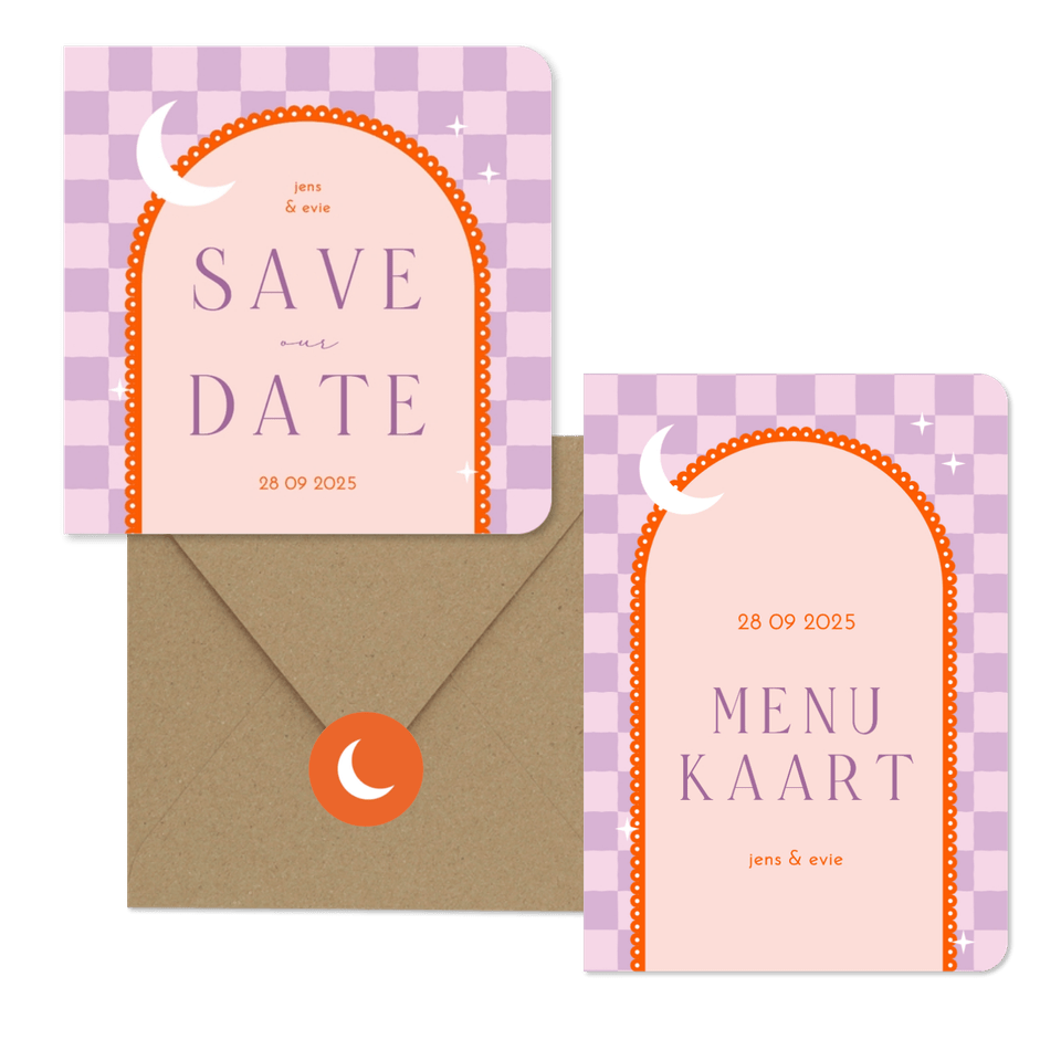 Moderne trouwset met lila ruitjes en oranje boog met maan