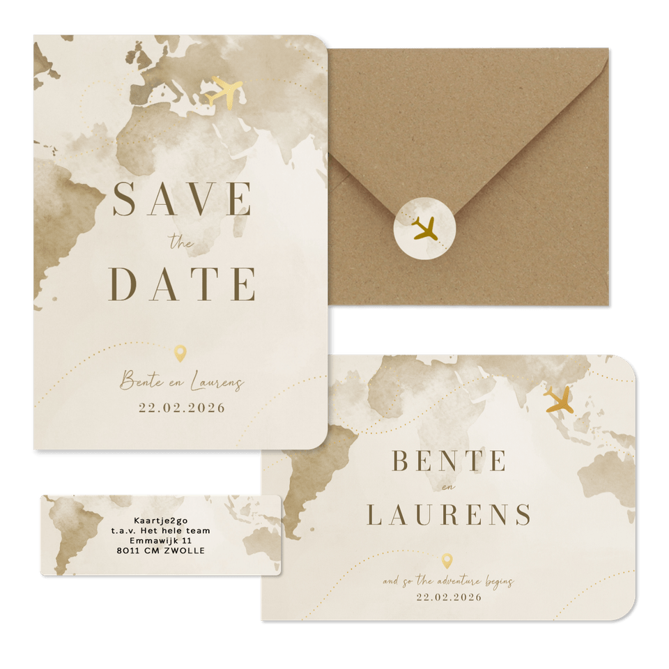 Trouwset reisthema waterverf wereld vliegtuig