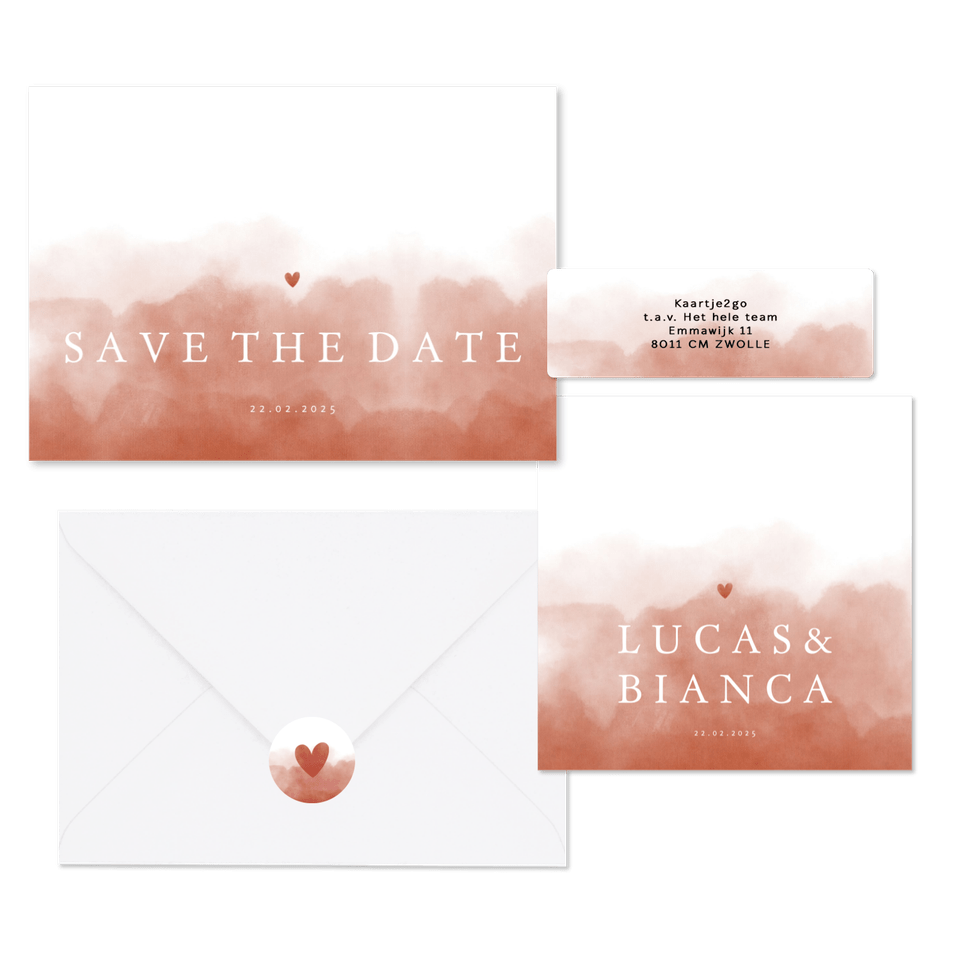 Stijlvolle terra waterverf trouwset en hartje