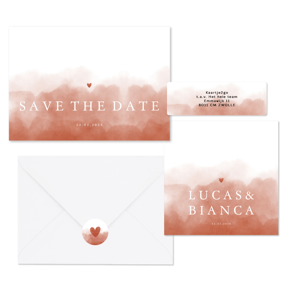 Stijlvolle terra waterverf trouwset en hartje