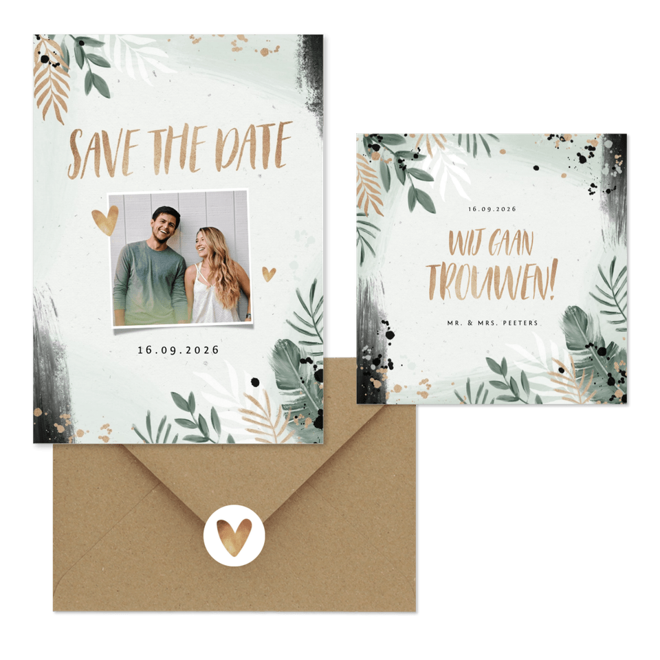 Trendy trouwset botanisch goud met waterverf