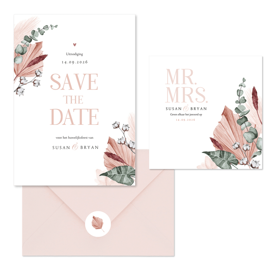 Trouwset droogbloemen roze geschilderd