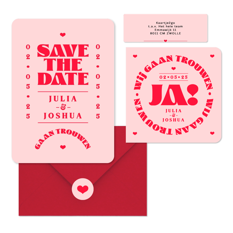 Trouwkaarten set modern typografisch romantisch hip roze rood