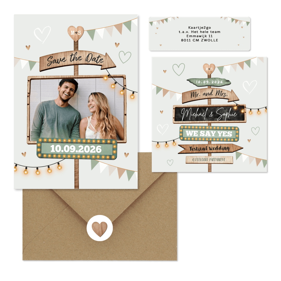Festival thema trouwset met houten wegwijzers