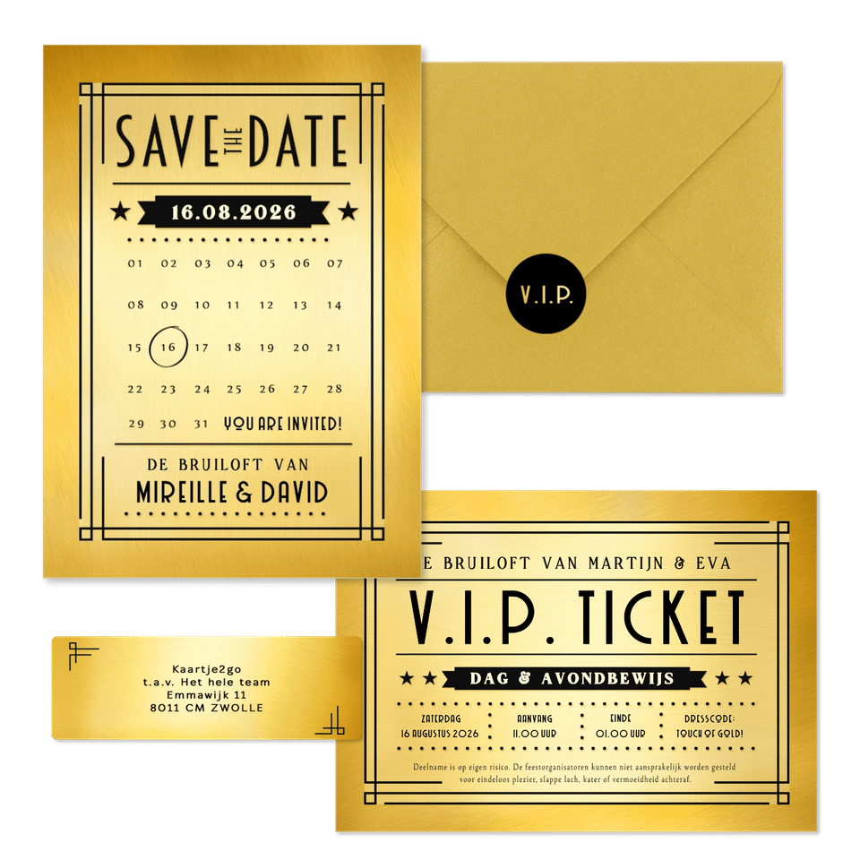 Trouwkaartenset VIP ticket goud