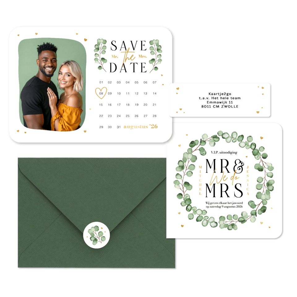 Trouwkaarten set eucalyptus stijlvol hip modern hartjes goud romantisch