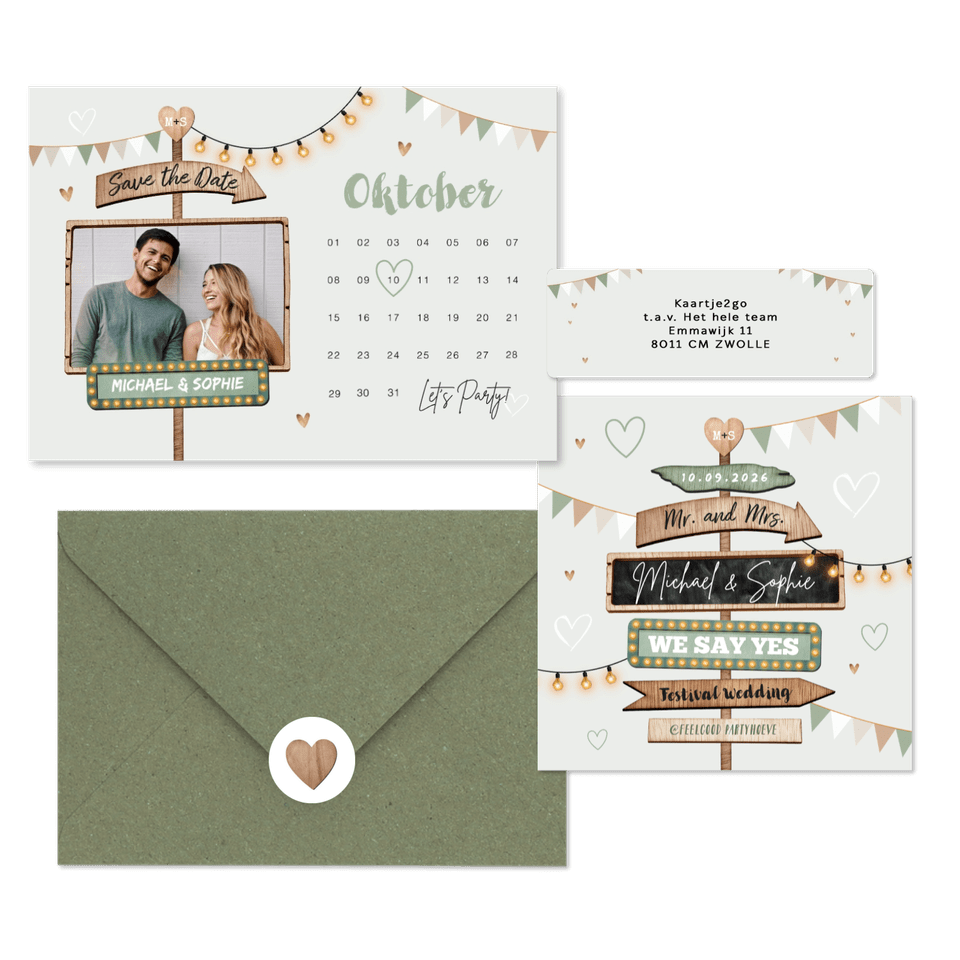 Festival thema trouwset met houten wegwijzers