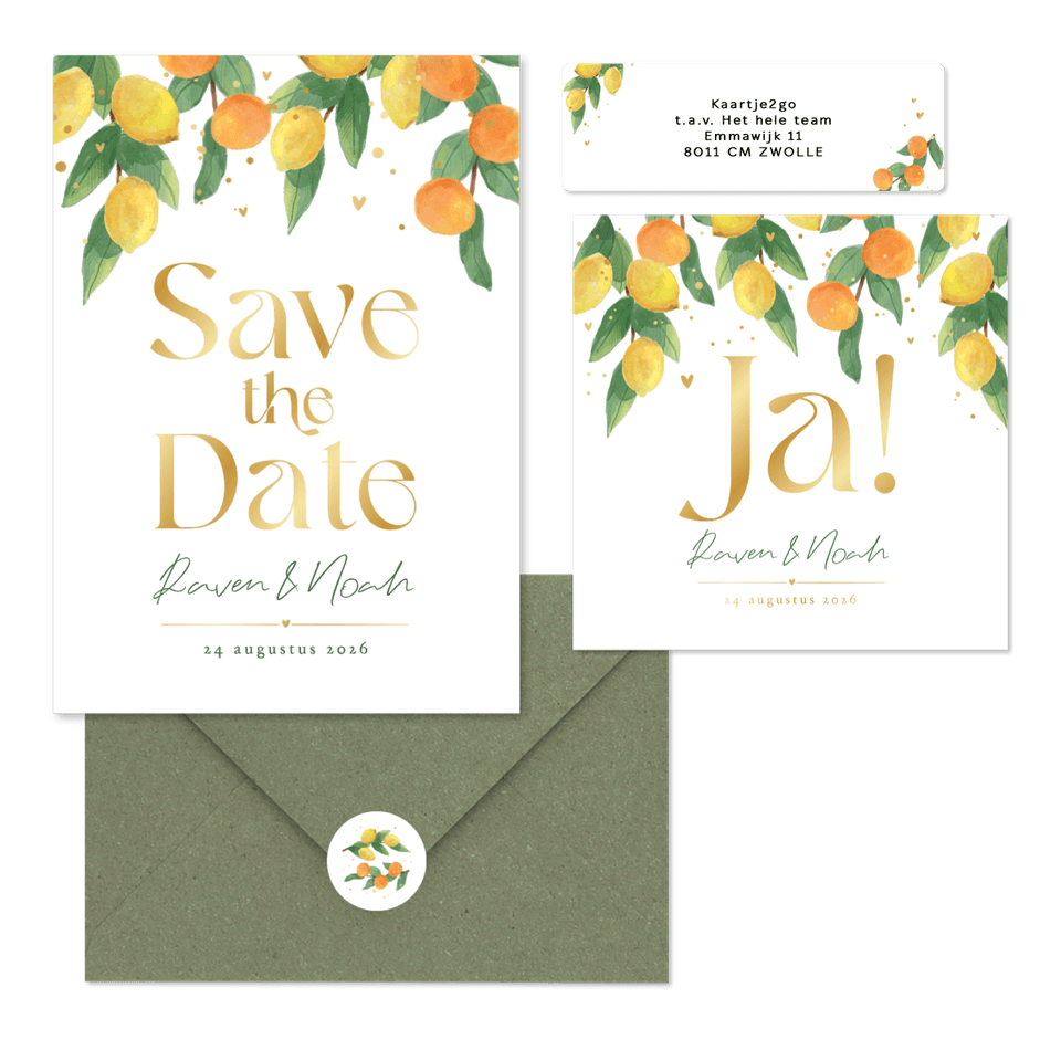 Trouwkaarten mediterrane zomer citroenen mandarijnen fris waterverf goud