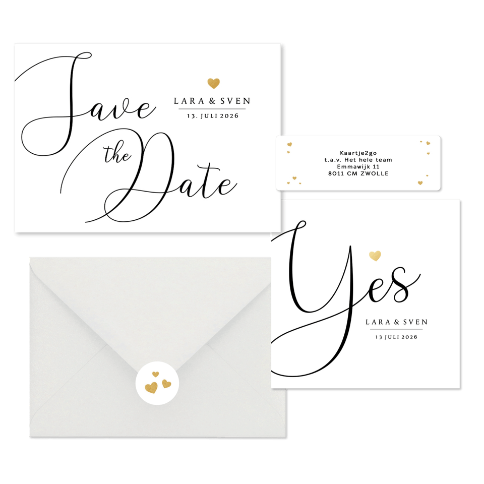Trouwkaarten set stijlvol gouden hartje
