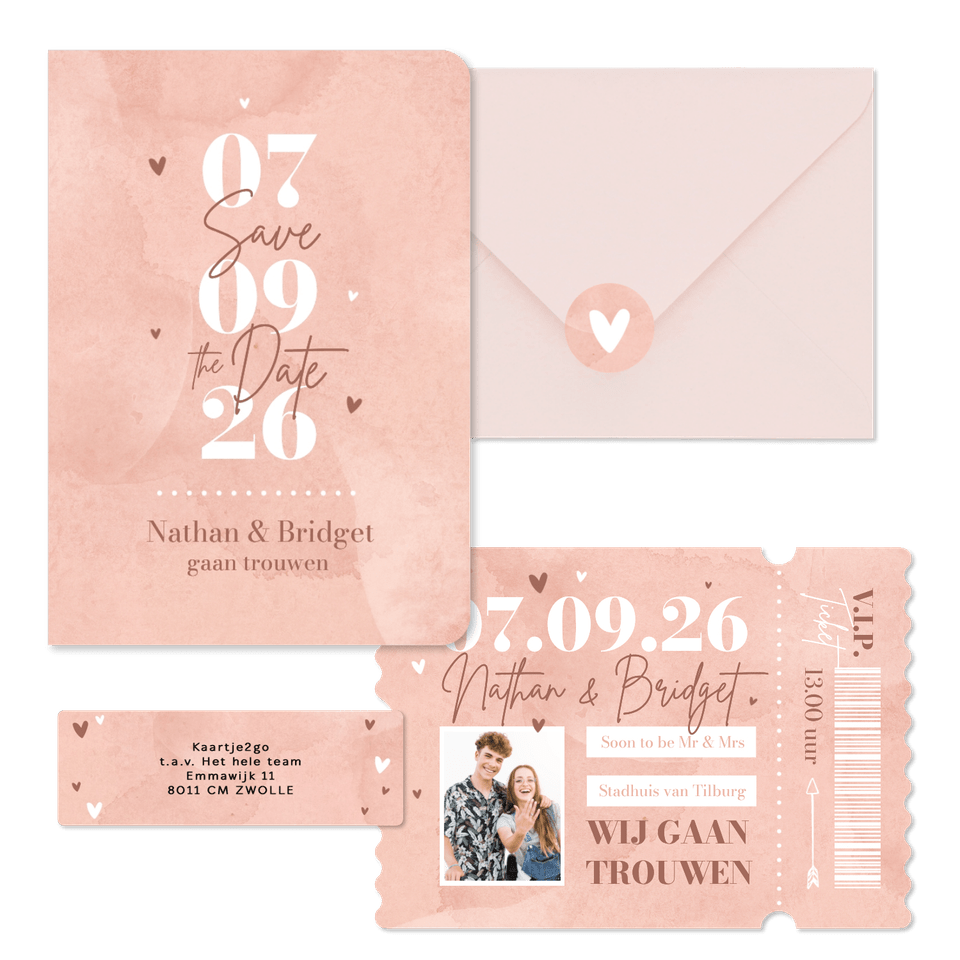 Trouwkaarten roze waterverf hip hartjes ticket