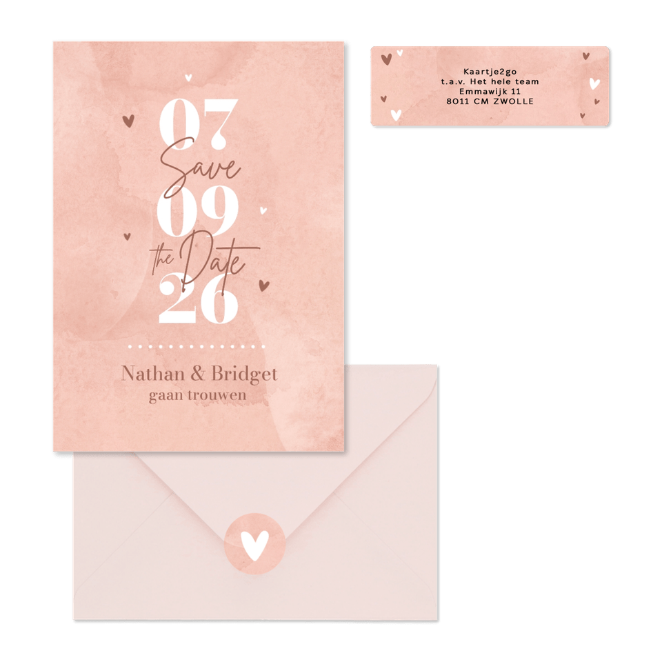 Trouwkaarten roze waterverf hip hartjes ticket